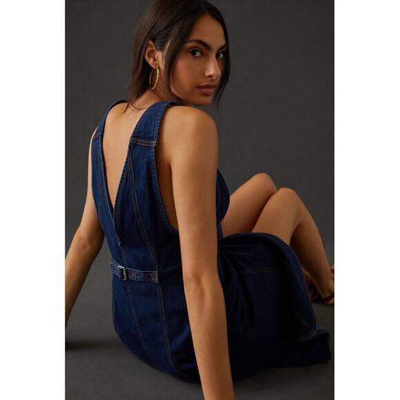 Anthropologie X Pilcro Petite 2 Denim V-Neck Button Up Stretchy MIDI Dress NEW - Picture 3 of 13